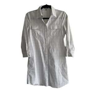 THEORY Cotton Button Front Long Sleeve Mini Shirtdress White Tan 4